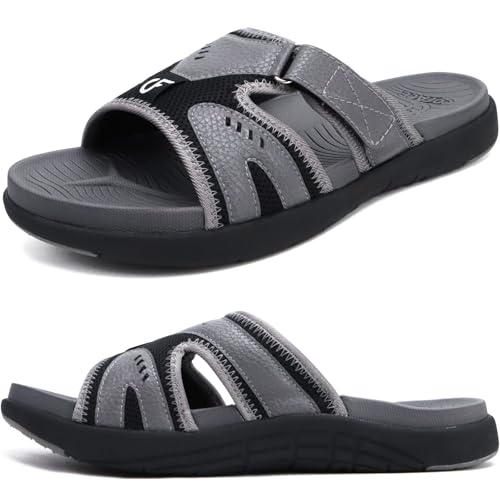 COFACE Herren Sport Recovery Sandalen Plantar Fasciitis weiche Polsterung leichtes Gewicht Bogen Unterstützung orthopädische Badelatschen für Männer GrauSchwarz Größe 42 von COFACE