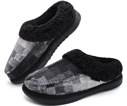 COFACE Kariert Schwarz Hausschuhe Herren Winter Warme Plüsch Wolle Gefütterte Pantoffeln Männer Komfort Memory Foam Mokassin Hüttenschuhe mit Rutschfester Gummisohle Drinnen und Draussen Größe 44.5EU von COFACE