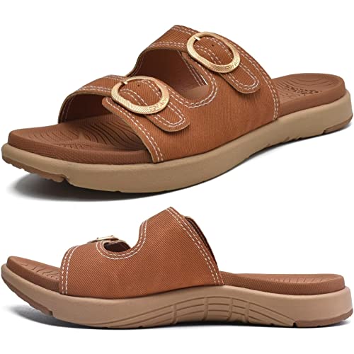 COFACE Sandalen Damen Orthopädische Comfortfüße Plantarfasziitis Arch Support Orthotic Slides Sandalen Sommer badelatschen Leicht Outdoorsandale Verstellbare Riemen Yoga fussbett,Khaki/Beige Größe 35 von COFACE