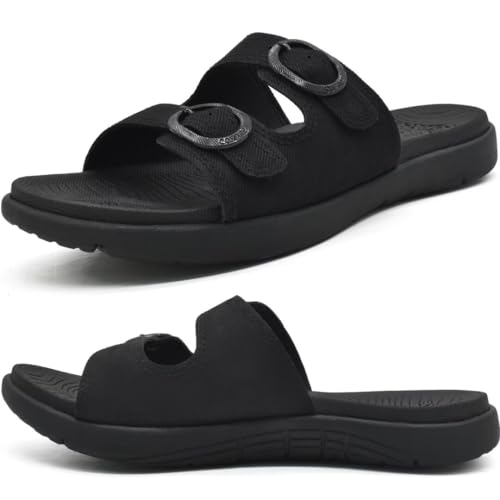 COFACE Sandalen Damen Orthopädische Comfortfüße Plantarfasziitis Arch Support Orthotic Slides Sandalen Sommer badelatschen Leicht Outdoorsandale Verstellbare Riemen Yoga fussbett,RSchwarz Größe 41 von COFACE