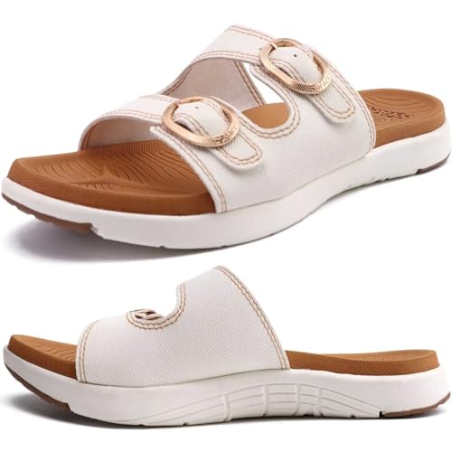 COFACE Sandalen Damen Orthopädische Comfortfüße Plantarfasziitis Arch Support Orthotic Slides Sandalen Sommer badelatschen Leicht Outdoorsandale Verstellbare Riemen Yoga fussbett,White/Khaki 40 von COFACE