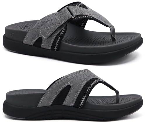 COFACE Sandalen-Herren-Zehentrenner Weiche Bequeme Flip Flops Arch Support Orthopädische Leichte Sommer Leder Sandalen für Herren Badelatschen Outdoor grau 43 von COFACE