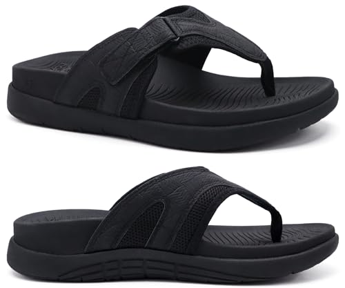 COFACE Sandalen-Herren-Zehentrenner Weiche Bequeme Flip Flops Arch Support Orthopädische Leichte Sommer Leder Sandalen für Herren Badelatschen Outdoor schwarz 43 von COFACE