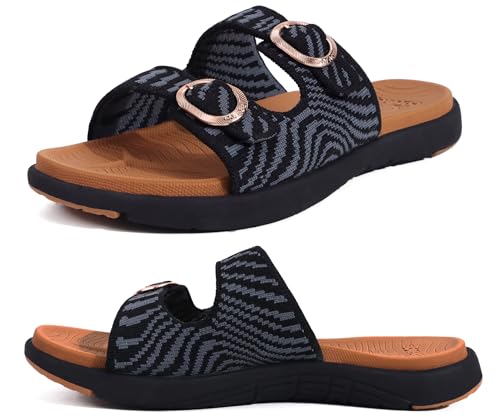 COFACE Womens Orthopädische Sandalen Komfortable Orthotische Bogen Unterstützung Weich Gepolstert Erholung Plantar Fasciitis Walking Slip On Damen Wolke Rutschen für Frau 2025 SchwarzKhaki Größe 40.5 von COFACE