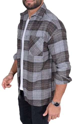 COFI 1453 Flanellhemd H-264 Flanellhemd Kariert Hemd Holzfällerhemd Herren Holzfäller Baumwolle Brusttasche Grau M von COFI 1453