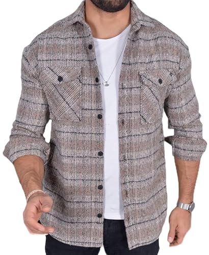 COFI 1453 Flanellhemd H-267 Flanellhemd Kariert Hemd Holzfällerhemd Herren Holzfäller Baumwolle Brusttasche Beige M von COFI 1453