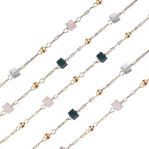 COGCHARGER 3.28 Fuß 1 m Natürliche Indische Achat-Quadrat-Perlenketten, Ungeschweißte Edelstein-Rosenkranzkette Mit Goldenen Erkenntnissen Für Die Schmuckherstellung von Frauen Und Mädchen von COGCHARGER