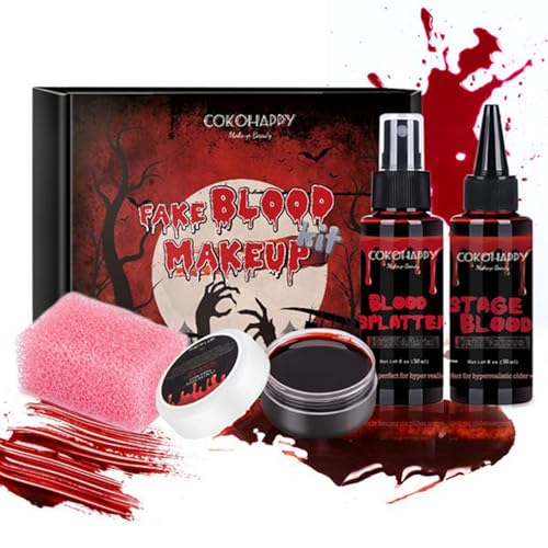 COKOHAPPY 4 PCS Kunstblut Fake Blood Halloween schminke SFX Makeup Kit - Koaguliertes Kunstblut, Blutspray, Tropfendes Stadium Kunstblut, Stipple Schwamm, Realistischer Zombie Vampir Monster Kostüm von COKOHAPPY