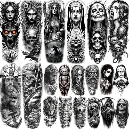 20 Blätter Schwarz Gothic Temporäre Tattoos Herren Damen Arm Klebetattoos Erwachsene, Nonne Klebe Tattoos Zum Auf Die Haut Männer Frauen, Vampir Dämon Skelett Halloween Fake Tattoo Aufkleber Temporär von COKTAK