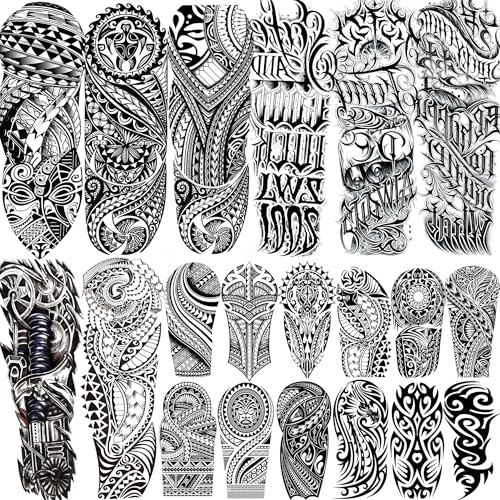 20 Blätter Tribal Maori Temporäre Tattoos Herren Damen Klebetattoos Erwachsene, Schwarz Buchstaben Fake Tattoos Zum Aufkleben Männer Frauen Ärmel, Groß Halloween Tattoo Aufkleber Haut Loyalität Glaube von COKTAK