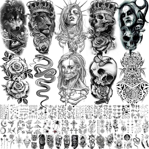 62 Blatt Halloween Temporäre Tattoos Damen Herren Wolf Löwe Skelett Arm, 3D Realistisch Klebe Tattoos Aufkleber Erwachsenen, Totenkopf Vampir Fake Tattoo Zum Aufkleben Schlange Blume Kompass 62 Blatt Halloween Temporäre Tattoos Damen Herren Wolf Löwe Skelett Arm, 3D Realistisch Klebe Tattoos Aufkleber Erwachsenen, Totenkopf Vampir Fake Tattoo Zum Aufkleben Schlange Blume Kompass von COKTAK