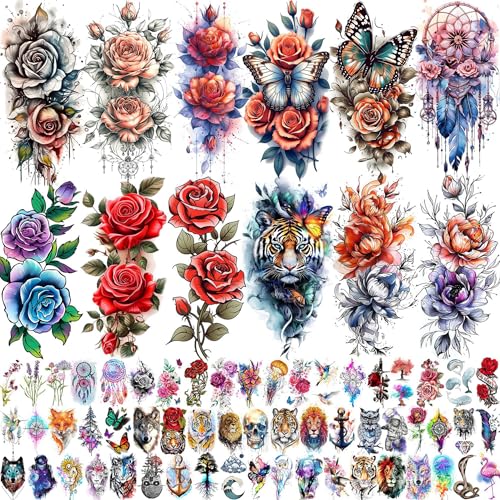 69 Blatt Bunt 3D Rosen Blüten Temporäre Tattoos Damen Frauen Mädchen Klebetattoos Erwachsene, Realistisch Pfingstrosen Blumen Fake Tattoo Aufkleber Traumfänger, Aquarell Tattoo Schmetterling Tiger von COKTAK