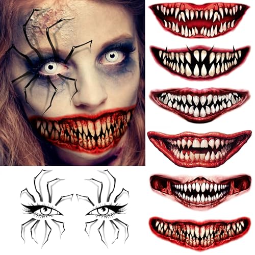 7 Blatt Halloween Spinne Auge Temporäre Tattoos Frauen Damen Herren Erwachsene Kinder, Realistische Clown Gesicht Kunstblut Mund Tattoo Aufkleber, Temp Zombie Vampir Tattoos Halloween Make Up Kit Set von COKTAK