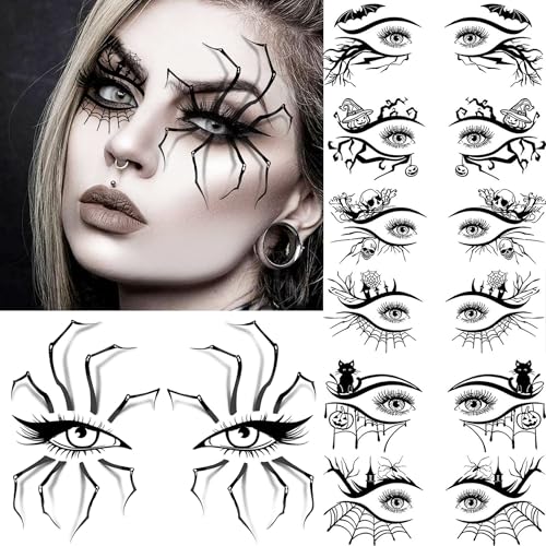 7 Blatt Lidschatten Halloween Temporäre Tattoos Damen Herren Kinder Erwachsene, Halloween Augen Gesicht 3D Spinnennetz Tattoo Aufkleber, Katzen Zombie Totenkopf Fledermaus Eyeliner Fake Tattoos von COKTAK