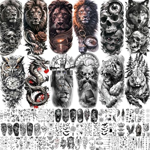 72 Blatt Coole Löwe Tiger Temporäre Tattoos Damen Herren Klebetattoos Erwachsene, Halloween Tattoos Zum Aufkleben Haut Frauen Männer, Fake Tattoo Aufkleber Zeus Gott Jesus Wolf Skelett Eule Drache von COKTAK