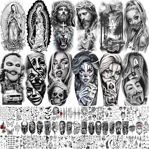 73 Blätter Chicano Temporäre Tattoos Damen Herren Klebetattoos Erwachsene, Guadalupe Halloween Tattoo Aufkleber Haut Frauen Männer Religion Chicana Gangster Gefangener Joker Fake Tattoo Jesus Christus von COKTAK