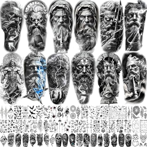 74 Blatt Schwarz Gott Zeus Temporäre Tattoos Herren Frauen Klebetattoos Erwachsene, Poseidon Dreizack Halloween Fake Tattoo Aufkleber Männer Mann Damen Kompass, Gothic Klebe Tattoo Set Blitz Haut von COKTAK