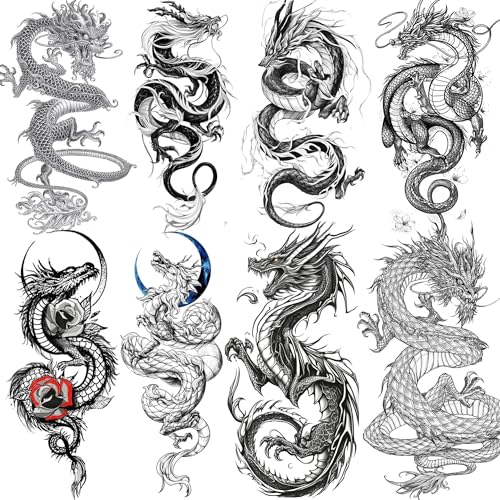 8 Blätter Drachen Temporäre Tattoos Herren Damen Männer Frauen Klebetattoos Erwachsene, Schwarz Realistisch Drachen Tattoo Aufkleber Halbarm Ärmel, Wasserfest Halloween Fake Tattoos Zum Aufkleben von COKTAK