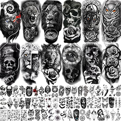 COKTAK 68 Blätter Groß Schwarz Temporäre Tattoos Herren Frauen Klebetattoos Erwachsene, 3D Wolf Tiger Löwe Eule Schädel Halloween Fake Tattoo Zum Aufkleben Damen Männer, Klebe Blume Rose Kinder von COKTAK