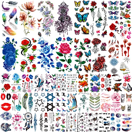COKTAK 56 Blätter Bunt Rose Blume Temporäre Tattoo Frauen, Feder 3D Fake Tattoo Temporär Mädchen, Damen Temporary Tattoo Blumen Hals Gesicht Tatoo Sticker Kit, Zum Aufkleben Auf Die Haut COKTAK 56 Blätter Bunt Rose Blume Temporäre Tattoo Frauen, Feder 3D Fake Tattoo Temporär Mädchen, Damen Temporary Tattoo Blumen Hals Gesicht Tatoo Sticker Kit, Zum Aufkleben Auf Die Haut von COKTAK