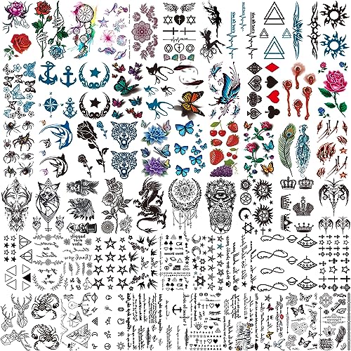 COKTAK 64 Blätter Klein Temporäre Tattoos Frauen Männer Mond Stern Schmetterling Vögel, Kinder Erwachsene, Hals Gesicht Fake Tattoo Aufkleber Set Glitzertattoo Bunt Party Zubehör von COKTAK