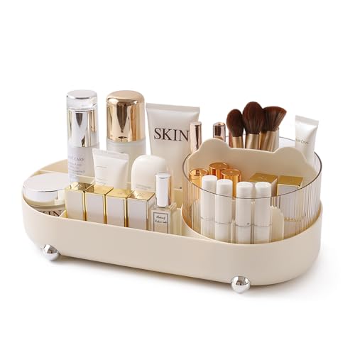 COKWEL Make Up Organizer, Schminktisch Kosmetik Organizer mit 360° Drehbarer Pinselhalter,12 Fächer, Fach 2-in-1 Kosmetik Organizer für Badezimmer, Makeup Organizers, Skincare Organizer (Beige) von COKWEL