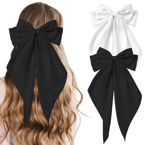 COLANANA Große Haarschleife, große Schleifen für Mädchen, Weiß / Schwarz, große Haarschleife, französische Haarspangen mit langen, seidigen Satin-Haarspangen, Zubehör, Schleife, Haarspangen für Damen von COLANANA