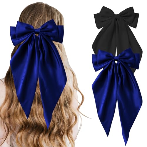 COLANANA Große Haarschleife, große Schleifen für Mädchen, schwarz, blau, große Haarschleife, französische Haarspangen mit langen, seidigen Satin-Haarspangen, Zubehör für Damen und Mädchen, 2 Stück von COLANANA