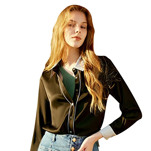 COLD POSH 100% Reine Seide Damen Hemd Bluse Seidenbluse V-Ausschnitt Langarm Hemdbluse Mode Frauen Shirt Frühling Blusen mit Glatten Weichen Schwarz Tops Shirt für Frau Mutter und Freundin Geschenk,XL von COLD POSH