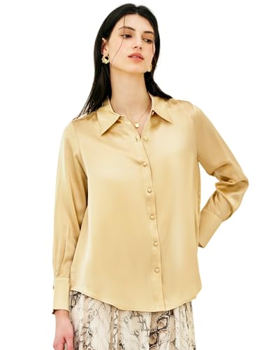 COLD POSH Damen Klassische Hemdbluse Langarm Elegante Bluse 100% Seide Maulbeerseide Luxus Frühling Sommer Hemden Button Down Shirt für Frauen Retro Tops Mädchen Business Casual Cool Kleidung,Gold,L von COLD POSH