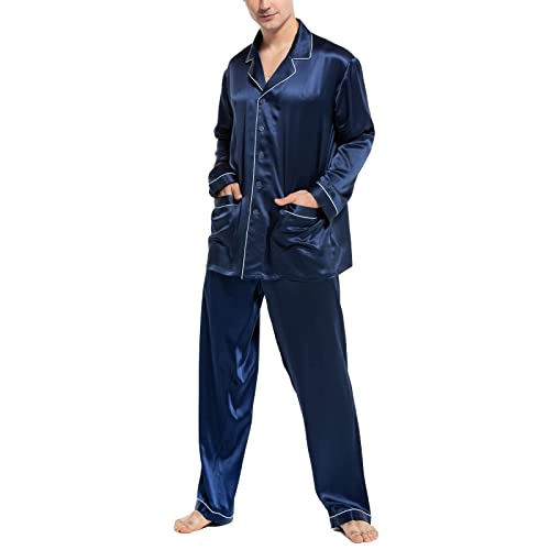 COLD POSH Schlafanzug Herren Pyjama Negligee Lang: Satin Sommer Elegant Nachtwäsche 100% Seide Leicht Weich Sleepwear V Ausschnitt Loungewear Junge Strand Party Reisen Feiertage Geschenk,Marine,L von COLD POSH