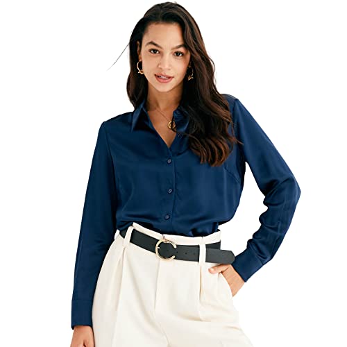 COLD POSH Seidenbluse für Frauen 100% reine Seide Shirt: V-Ausschnitt Lange Ärmel Damenblusen Knopfleiste Glatte Oberteile Coole Hemden, Marineblau, Mittel von COLD POSH