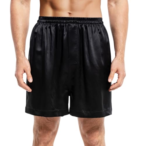 Herren 100% Seide Schlafanzughose Satin Kurze: Pyjamahose Sommer Shorts Boxershorts Silk Sleep Bottom Luxuriös Hautfreundliche Männer Schwarz Schlafhose Pyjama Kurz Elegant Freizeit Seidenboxer Hose,M von COLD POSH