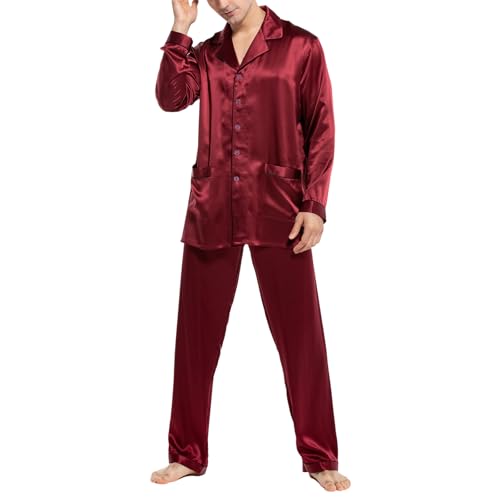 Herren Schlafanzug Sommer Pyjama Set: 100% Seide Lang Hausanzug Klassische Homewear Satin Elegant Nachtw?sche mit Taschen Langen Ärmel Loungewear 19 Momme Langarm Männer Wear Herrenpyjama,Weinrot | L von COLD POSH