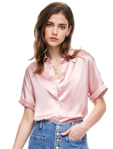 Seidenbluse für Frauen Button-Down-Shirts: Damen Kurzarm Elegantes Hemd 100% Reine Seide Casual Tops Sommer Luxus Blusen, Pink, Medium von COLD POSH