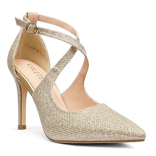 COLETER D'Orsay Pumps für Damen, 10,2 cm, spitzer Zehenbereich, Stilettos, High Heel, gekreuzte Knöchelriemen, Kleid Schuhe, Gold / Glitzer, 38 EU von COLETER