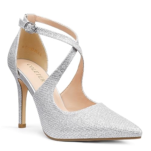 COLETER D'Orsay Pumps für Damen, 10,2 cm, spitzer Zehenbereich, Stilettos, High Heel, gekreuzte Knöchelriemen, Kleid Schuhe, Silber Glitter, 37 EU von COLETER