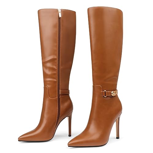COLETER Damen Kniehohe Stiefel spitze Zehen Stiletto Schnalle Kleid Stiefel Slouch Reißverschluss Heeled Boots, Braun Matt, 42.5 EU von COLETER