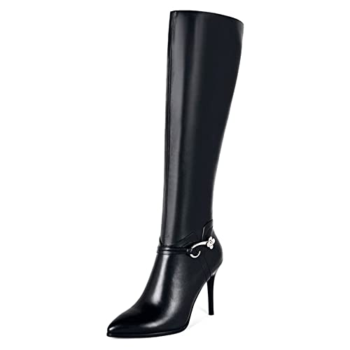 COLETER Damen Leder Kniehohe Stiefel Spitze Zehen Seitlicher Reißverschluss High Heels Kleid Stiefel, Schwarz mit Metallschnalle, 38.5 EU von COLETER