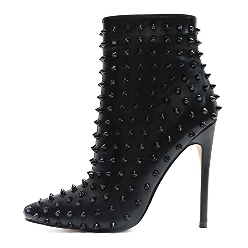 COLETER Damen Mode Stiefeletten mit Nieten Geschlossene Spitze Zehen Stilettos Herbst Warm Kleid Stiefel, Schwarz, 38 EU von COLETER