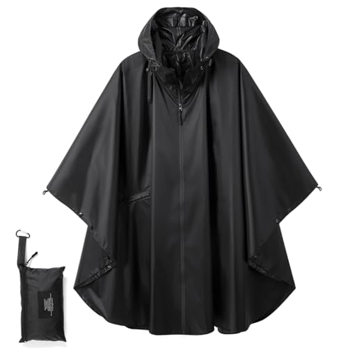COLFEZY Regenponcho Damen/Herren Outdoor Jacket – Wasserdicht, Leicht & Packbar für Wandern, Camping Mit Kapuze und Taschen (DE/NL/SE/PL, Alphanumerisch, XS, 3XL, Regular, Regular, A-Schwarz) von COLFEZY