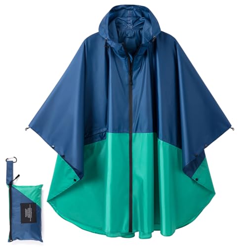 COLFEZY Regenponcho Damen/Herren Outdoor Jacket – Wasserdicht, Leicht & Packbar für Wandern, Camping Mit Kapuze und Taschen (DE/NL/SE/PL, Alphanumerisch, XS, 3XL, Regular, Regular, Blau/Grün) von COLFEZY