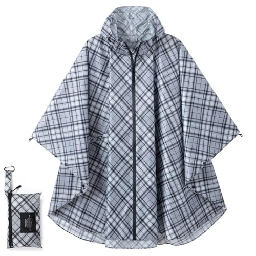 COLFEZY Regenponcho Damen/Herren Outdoor Jacket – Wasserdicht, Leicht & Packbar für Wandern, Camping Mit Kapuze und Taschen (DE/NL/SE/PL, Alphanumerisch, XS, 3XL, Regular, Regular, Graues Gitter) von COLFEZY