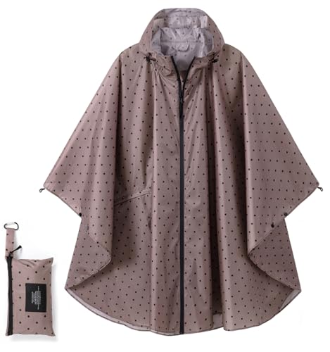 COLFEZY Regenponcho Damen/Herren Outdoor Jacket – Wasserdicht, Leicht & Packbar für Wandern, Camping Mit Kapuze und Taschen (DE/NL/SE/PL, Alphanumerisch, XS, 3XL, Regular, Regular, Khaki-Punkt) von COLFEZY