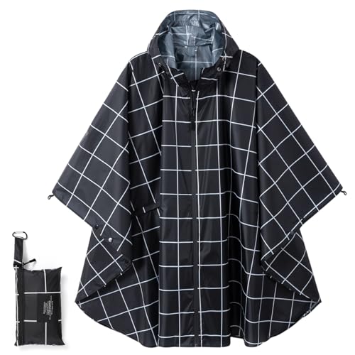 COLFEZY Regenponcho Damen/Herren Outdoor Jacket – Wasserdicht, Leicht & Packbar für Wandern, Camping Mit Kapuze und Taschen (DE/NL/SE/PL, Alphanumerisch, XS, 3XL, Regular, Regular, Schwarzes Gitter) von COLFEZY