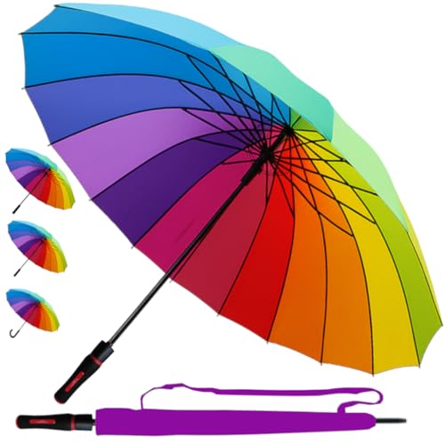 95KPH 16 Rippen Regenschirm Automatik Sturmfest Regenbogen - Stockschirm SEHR STARK Herren Damen Windfest - Windproof Verstärkt mit Fiberglas - Mehrfarbig Bunt - Gerader Griff - Größe XL 95KPH 16 Rippen Regenschirm Automatik Sturmfest Regenbogen - Stockschirm SEHR STARK Herren Damen Windfest - Windproof Verstärkt mit Fiberglas - Mehrfarbig Bunt - Gerader Griff - Größe XL von COLLAR AND CUFFS LONDON