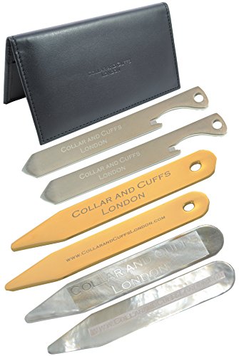3 PAARE - Stilvolle Kragenstäbchen - Geschenkpackung - Hochwertig - Mit Etui - Vergoldet, Titan Flaschenöffner und Perlmutt von COLLAR AND CUFFS LONDON
