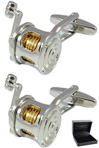 Manschettenknöpfe Herren Angelrolle Silber Farbe - Mit Box - Langlebiges Messing - Maritim Angeln Angelrute - Ein Paar von COLLAR AND CUFFS LONDON