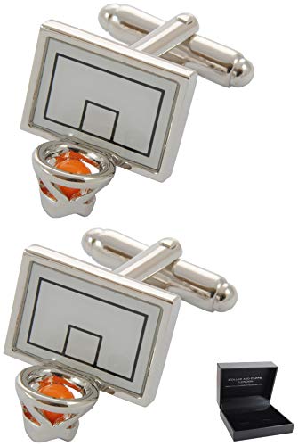 Manschettenknöpfe Herren Basketball - Mit Box - Sport - Langlebiges Messing - Silber und Weiße Farben - Basket Basketballkorb - Ein Paar von COLLAR AND CUFFS LONDON