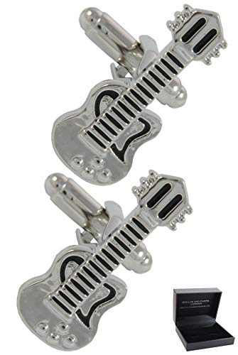 Manschettenknöpfe Herren Musik - Mit Box - Elektrische Gitarre - Langlebiges Messing - Musikinstrument Lehrer - Silber und Schwarz Farben - Ein Paar von COLLAR AND CUFFS LONDON